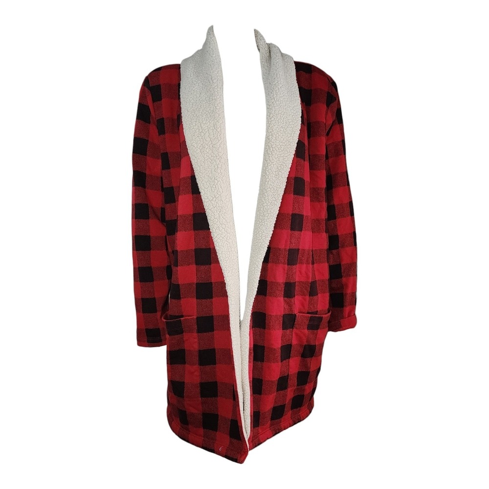 Eddie Bauer Cardigan Womens Plus Size 2XL Red Black‎ Plaid Cozy Fleece Lined